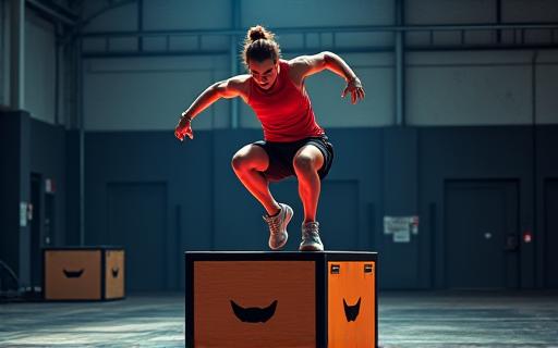 An athlete performing a box jump with explosive power.